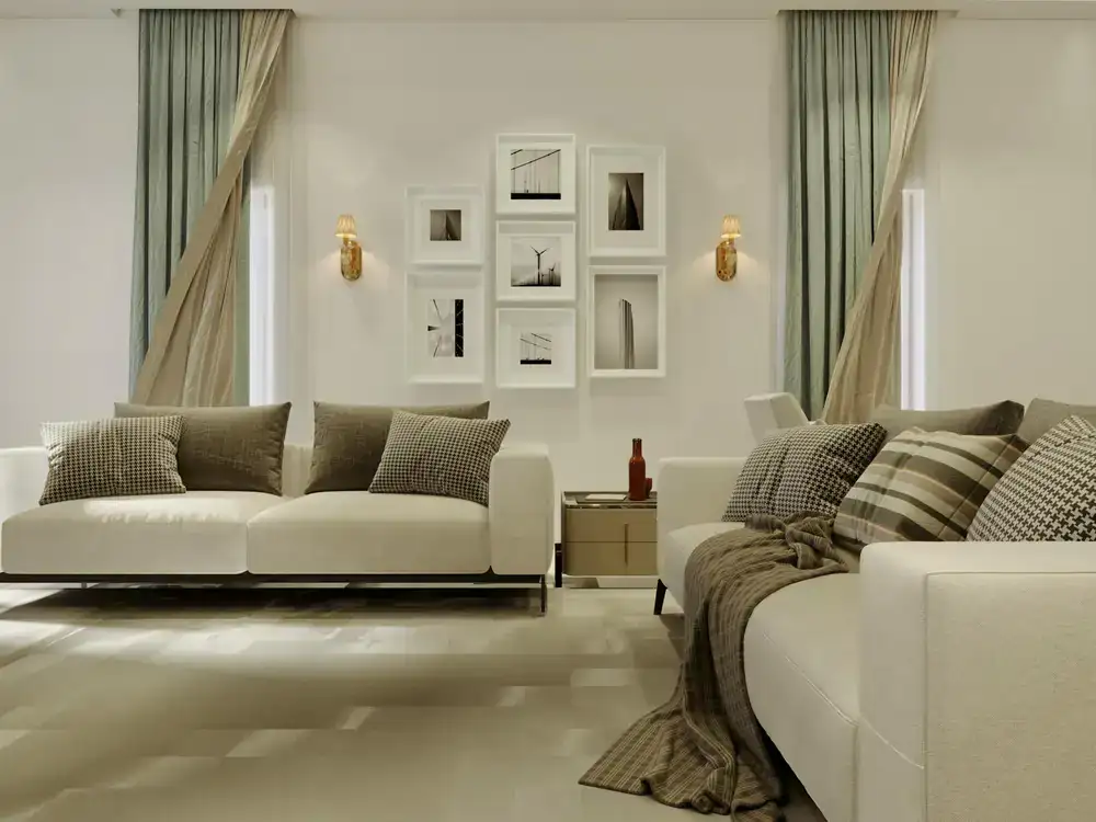 Elegantes Wohnzimmer mit greige-farbenen Textilien und Messing-Akzenten
