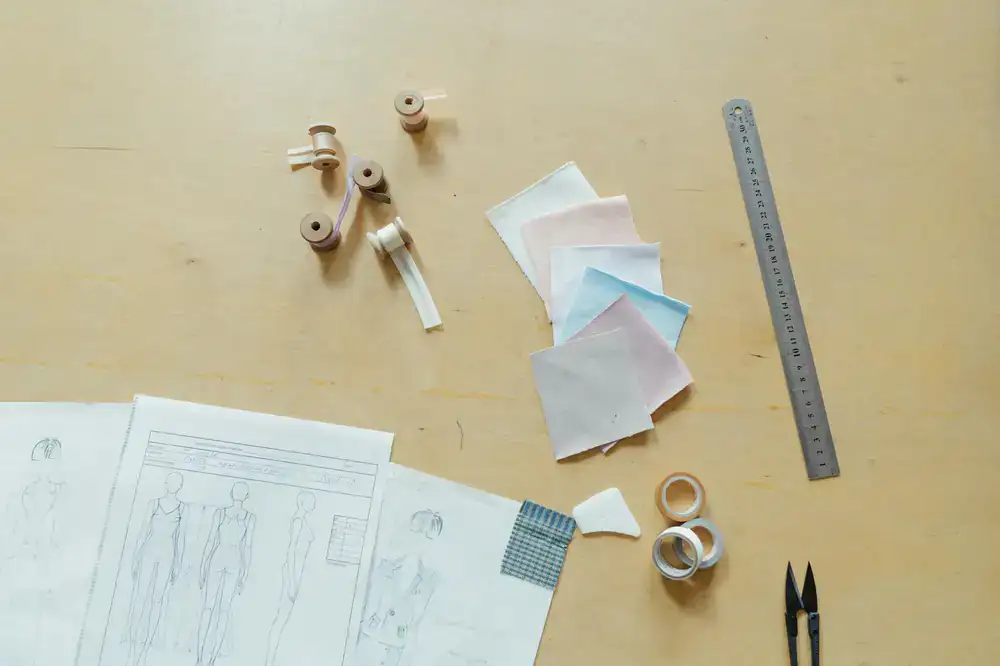 Materialmuster und Skizzen auf einem Tisch